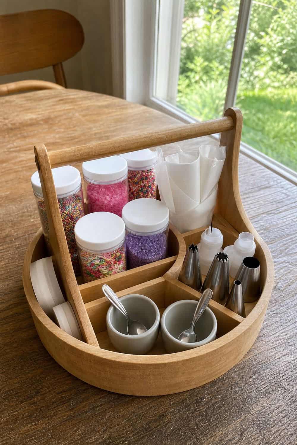 25 Christmas Kitchen Organization Ideas for Baking and Hosting decorating caddy for sprinkles, sugars, and piping tips for Christmas kitchen organization.