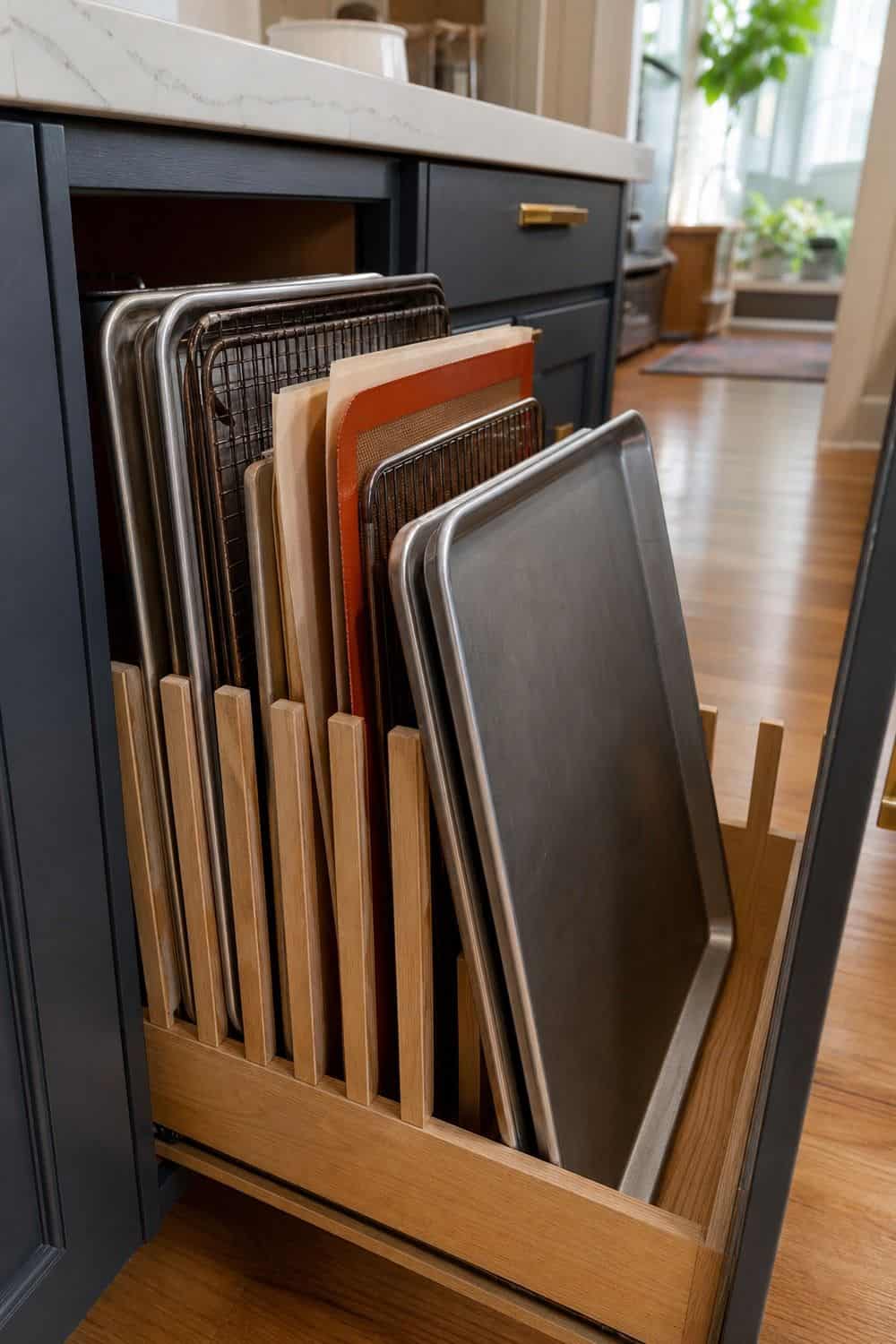 25 Christmas Kitchen Organization Ideas for Baking and Hosting vertical slot for sheet pans and cooling racks for Christmas kitchen organization.