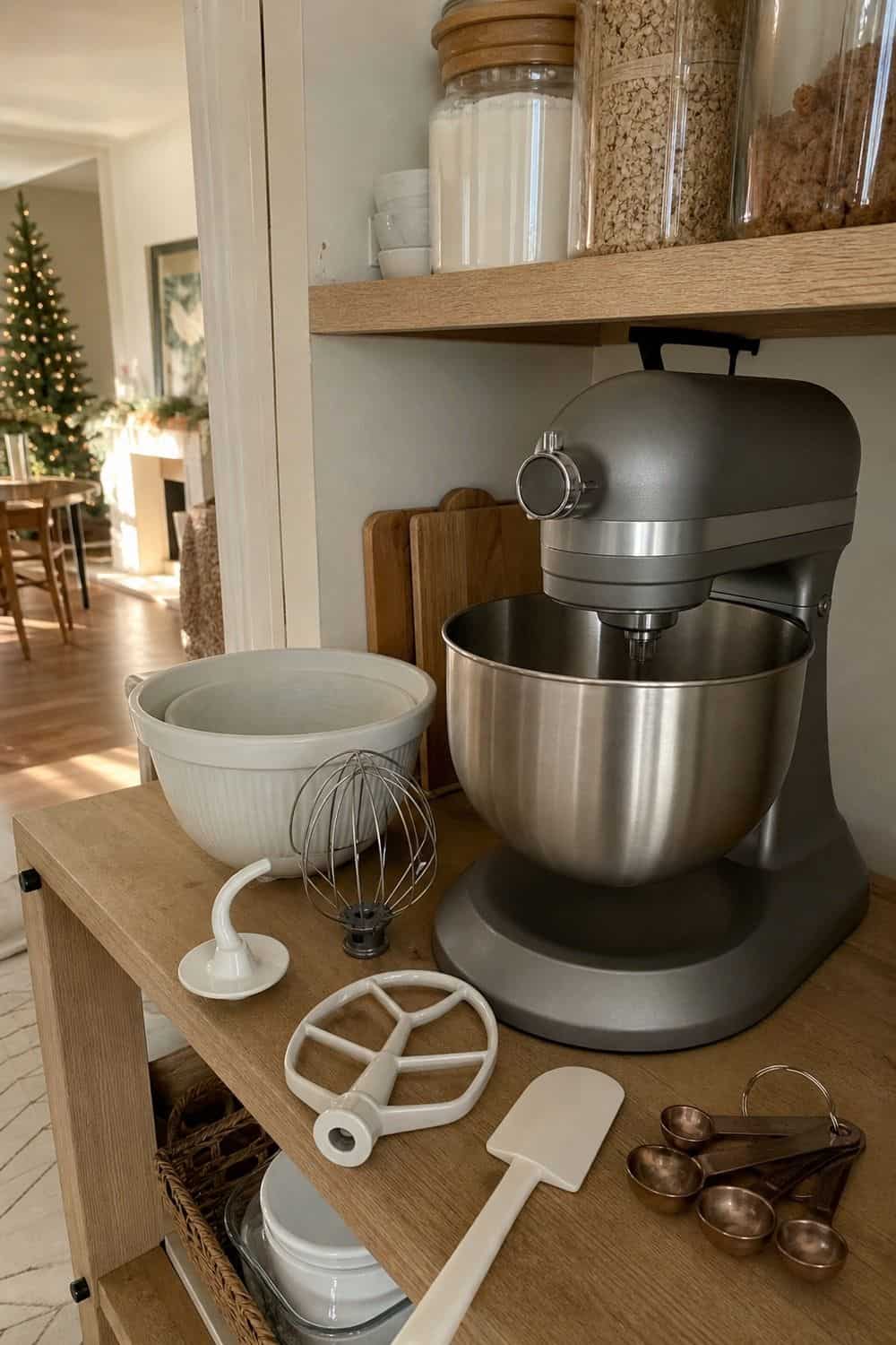 25 Christmas Kitchen Organization Ideas for Baking and Hosting mixer shelf with attachments and scrapers nearby for Christmas kitchen organization.
