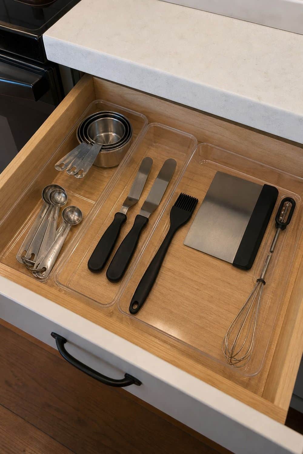 25 Christmas Kitchen Organization Ideas for Baking and Hosting baking drawer with only the december tools for Christmas kitchen organization.