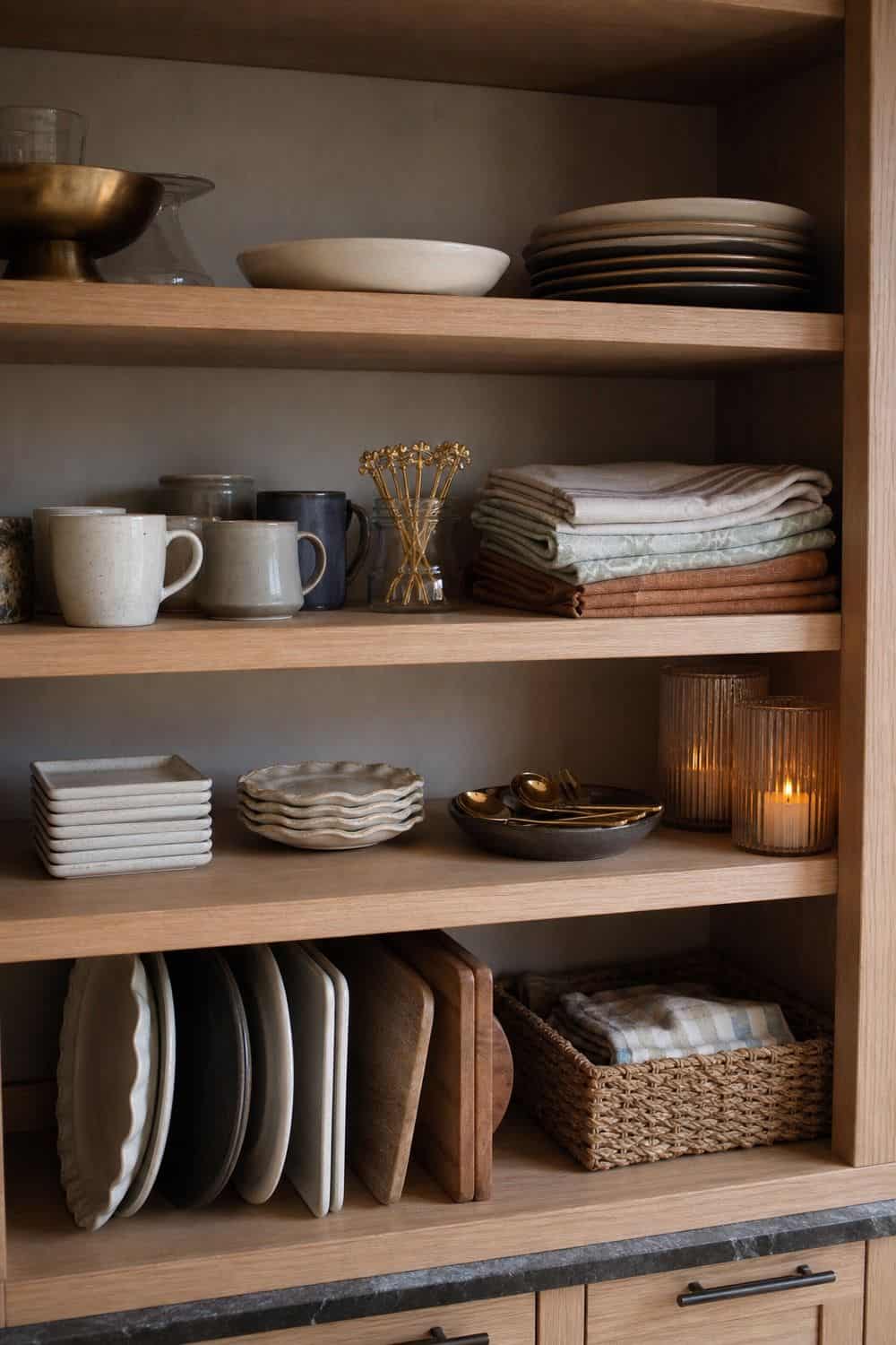 25 Christmas Kitchen Organization Ideas for Baking and Hosting december hosting shelf for guest-facing pieces for Christmas kitchen organization.