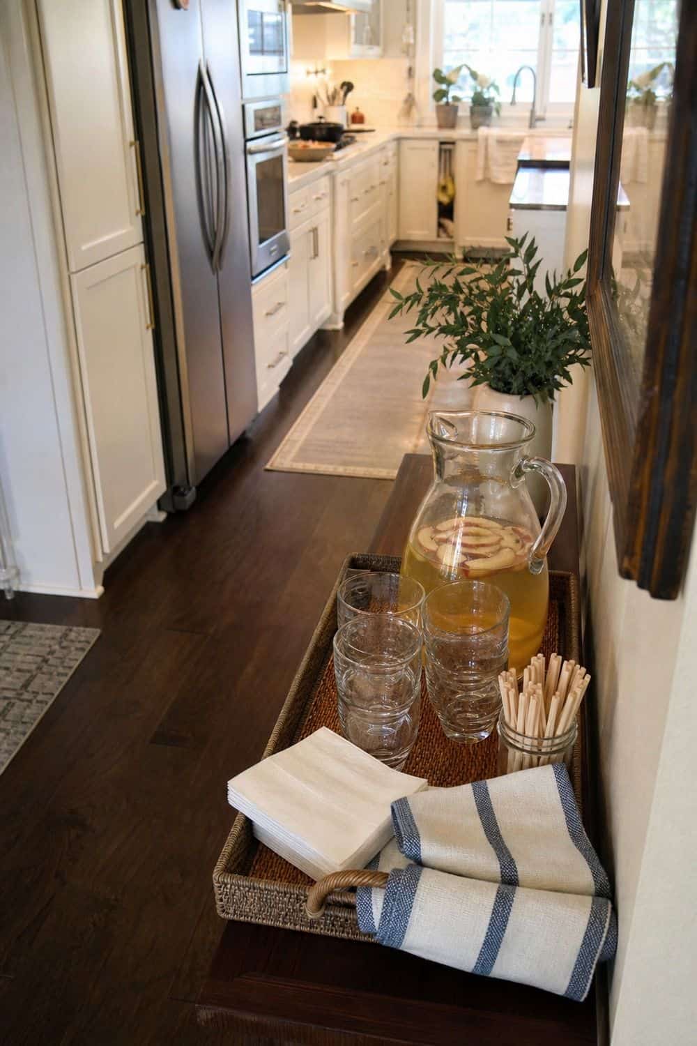 25 Christmas Kitchen Organization Ideas for Baking and Hosting guest drink tray outside the cooking path for Christmas kitchen organization.