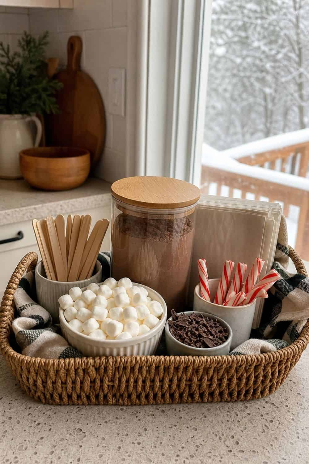 25 Christmas Kitchen Organization Ideas for Baking and Hosting cocoa basket for movie nights and snowy mornings for Christmas kitchen organization.
