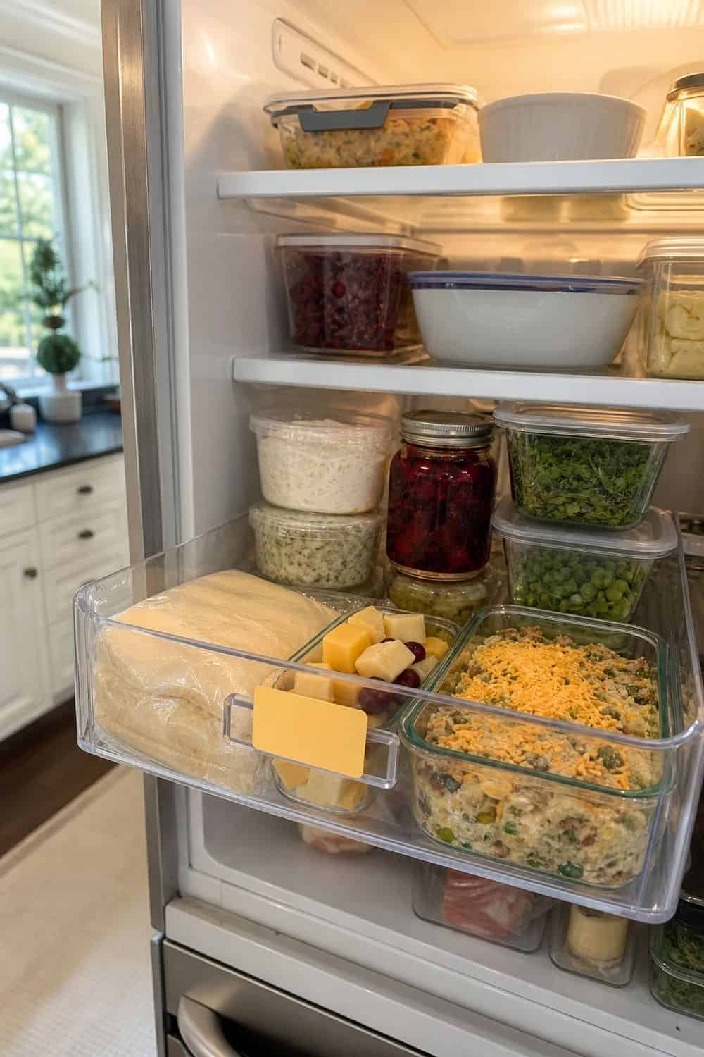 25 Christmas Kitchen Organization Ideas for Baking and Hosting fridge bin for christmas eve and brunch prep for Christmas kitchen organization.