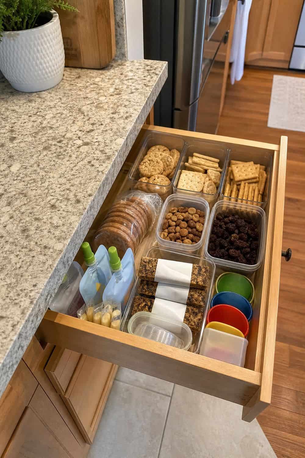 25 Christmas Kitchen Organization Ideas for Baking and Hosting guest snack drawer away from recipe ingredients for Christmas kitchen organization.