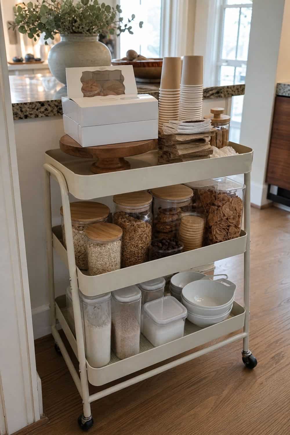 25 Christmas Kitchen Organization Ideas for Baking and Hosting rolling cart for temporary holiday overflow for Christmas kitchen organization.