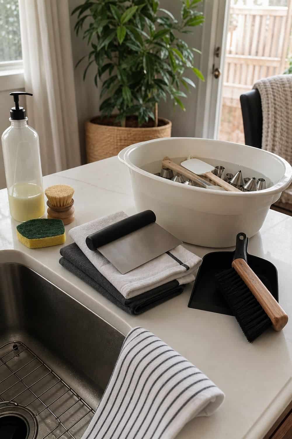 25 Christmas Kitchen Organization Ideas for Baking and Hosting baking mess kit beside the sink for Christmas kitchen organization.