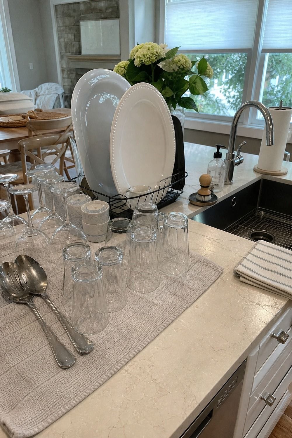 25 Christmas Kitchen Organization Ideas for Baking and Hosting extra dish-drying space for glasses and platters for Christmas kitchen organization.