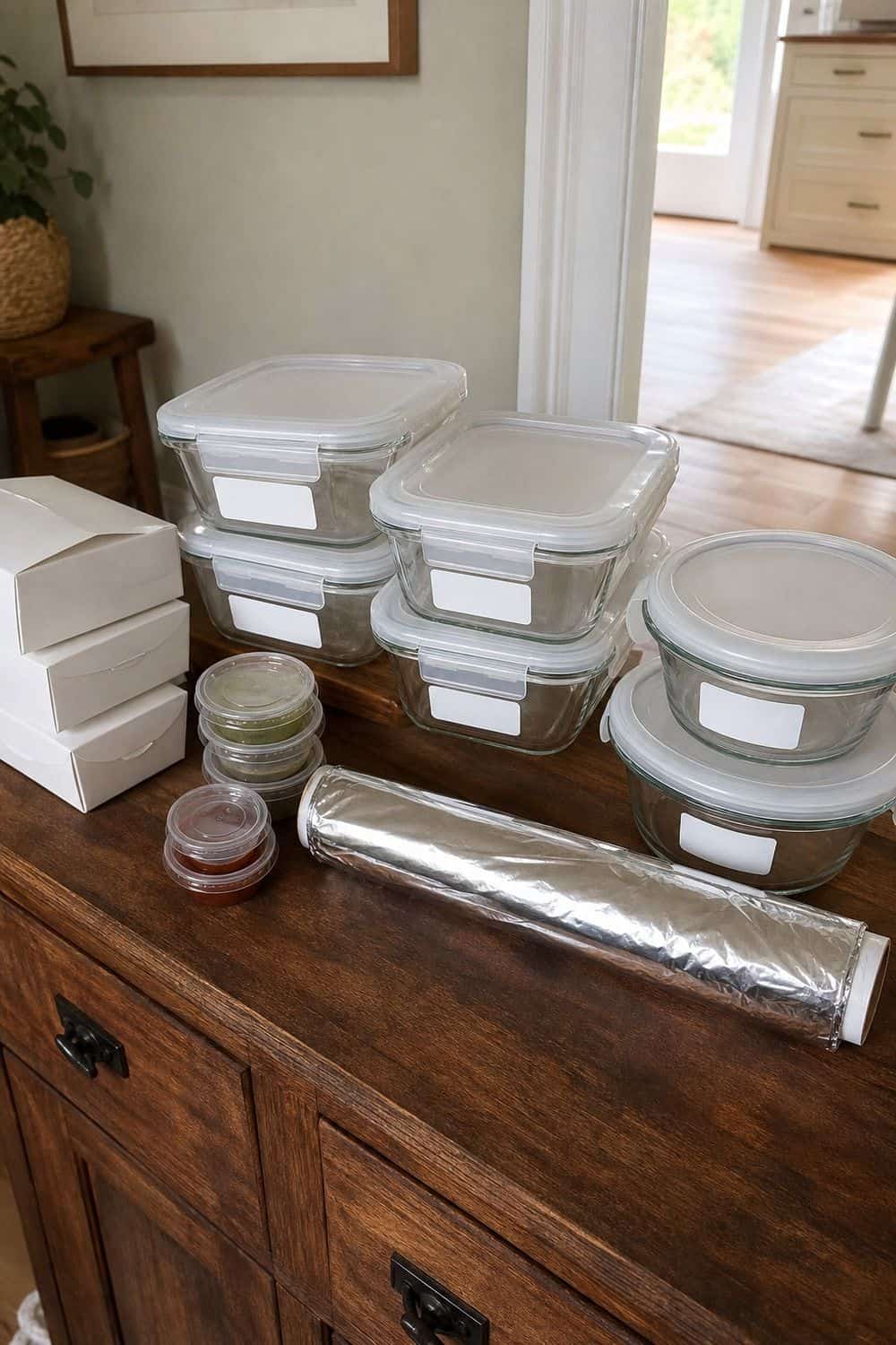 25 Christmas Kitchen Organization Ideas for Baking and Hosting leftover containers with lids, labels, and foil for Christmas kitchen organization.