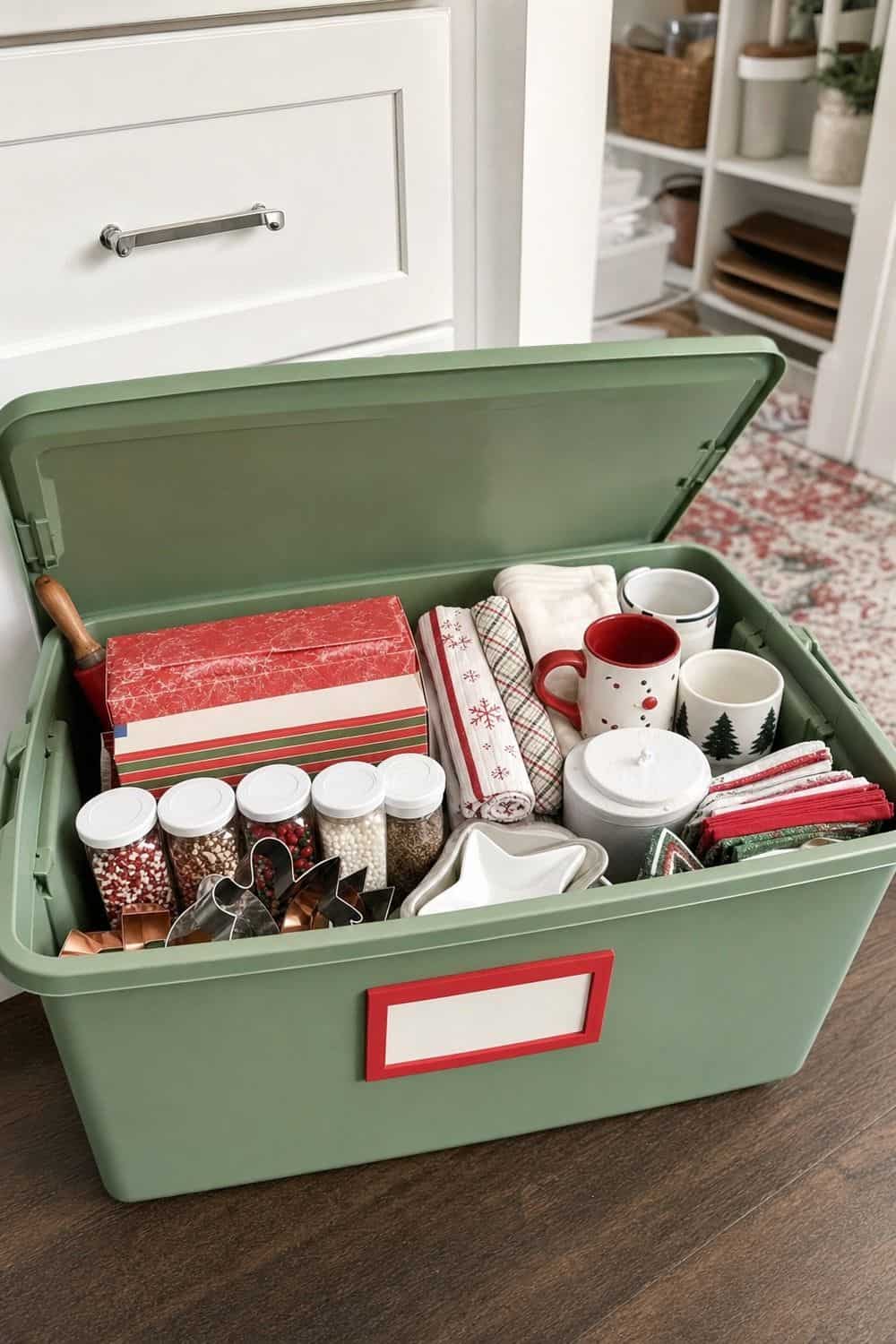 25 Christmas Kitchen Organization Ideas for Baking and Hosting labeled tote for christmas kitchen pieces after the holiday for Christmas kitchen organization.