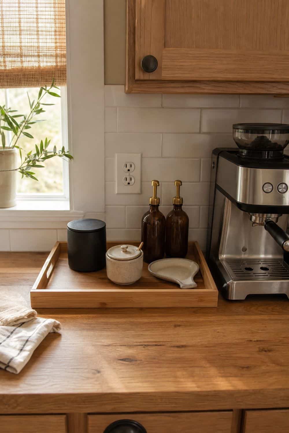 A bamboo tray contains only daily coffee pieces and leaves the machine, outlet, cabinet doors, and prep space clear.