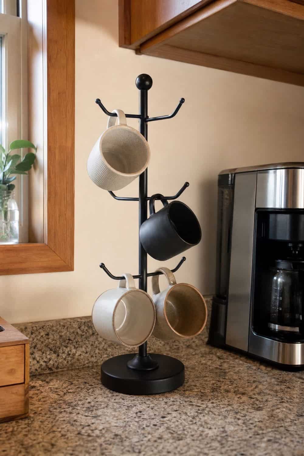 A weighted mug tree holds a few reachable mugs on widely spaced hooks with clear upper-cabinet clearance.