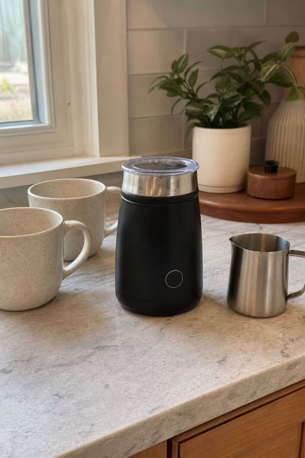 A compact electric frother has practical clear counter space for pouring, rinsing, and drying.