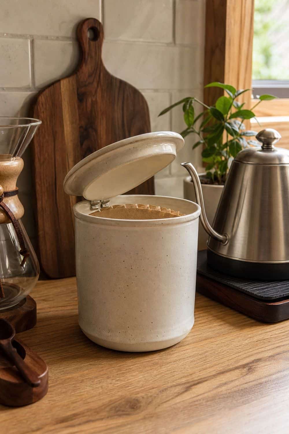 A lidded holder keeps upright cone filters accessible while protected from steam and splashes.