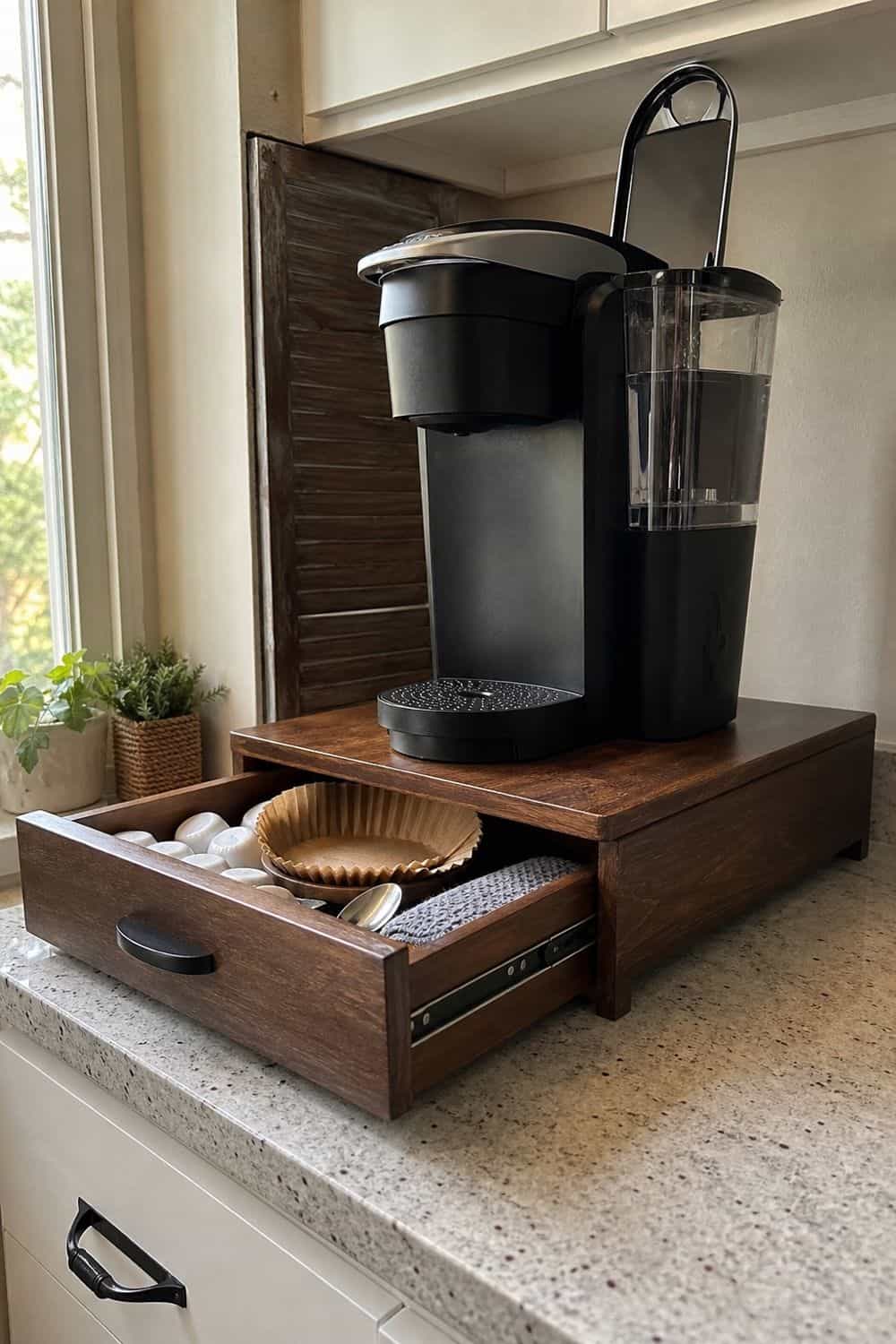A coffee machine sits on a drawer stand that hides supplies without blocking the reservoir or upper cabinets.