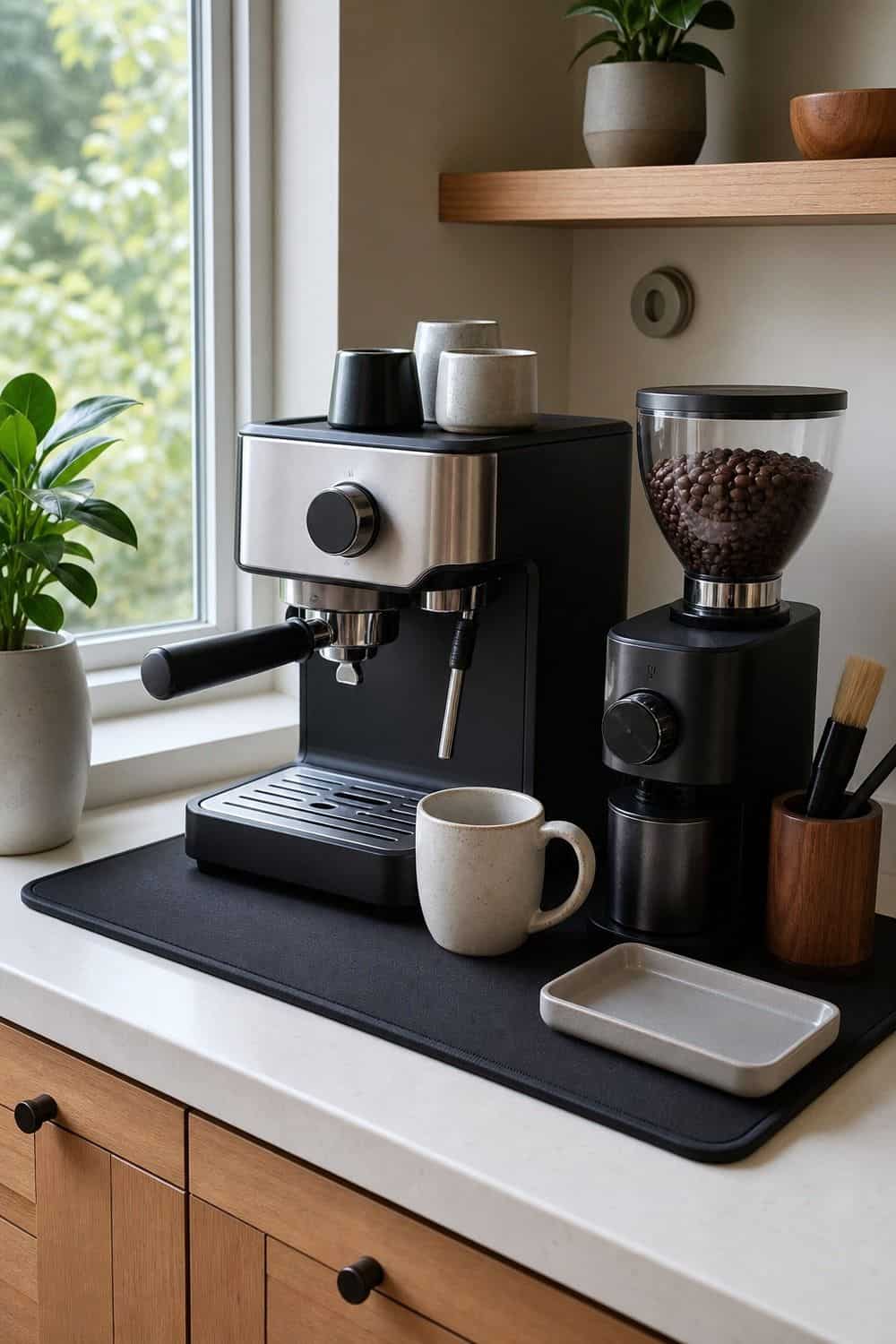 A slim washable mat defines the landing zone under the coffee machine and grinder while keeping edges clear.