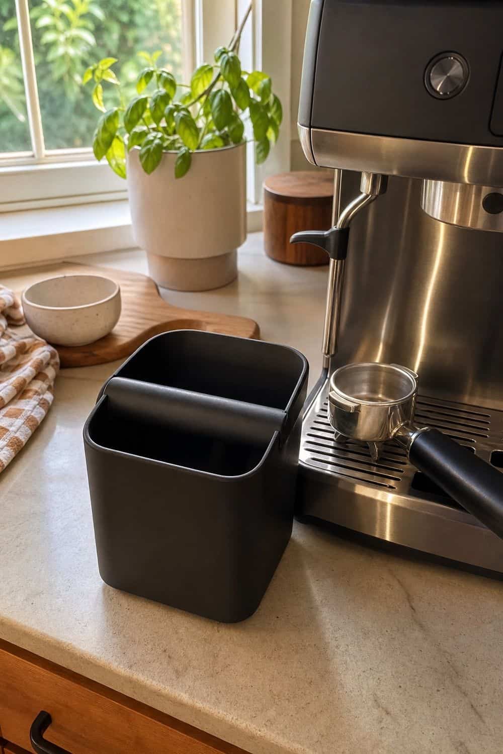 A compact knock box with sturdy crossbar is placed beside an espresso machine without blocking cup or steaming space.