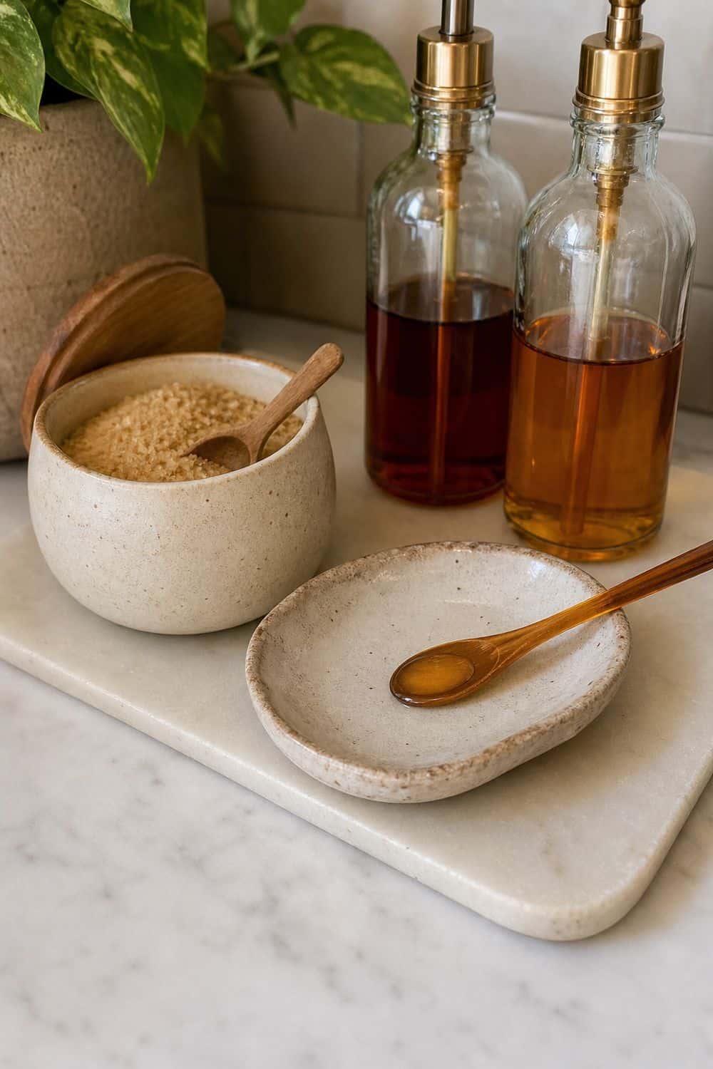 A small shallow ceramic spoon rest controls one syrup spoon beside the sugar and syrup area.