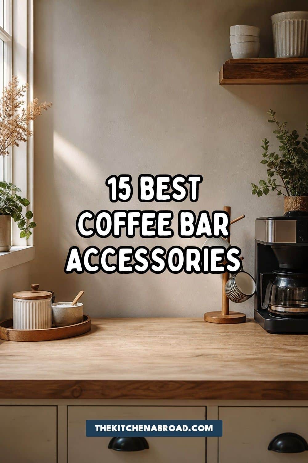 Coffee bar accessories arranged in a cozy kitchen coffee station