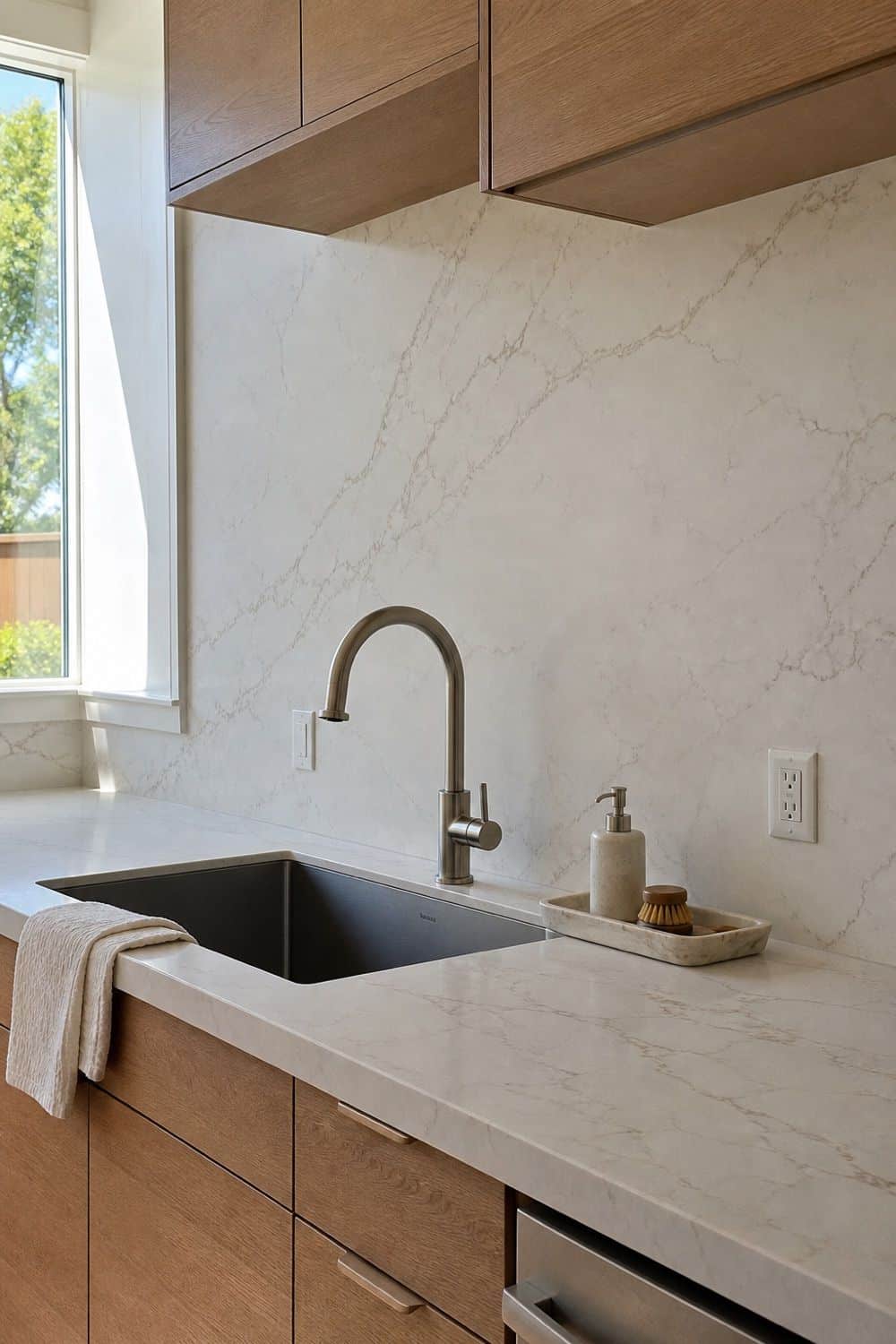 25 Contemporary Kitchen Ideas for a Clean, Polished Layout 6. Slab Backsplash as a Continuous Wall Plane