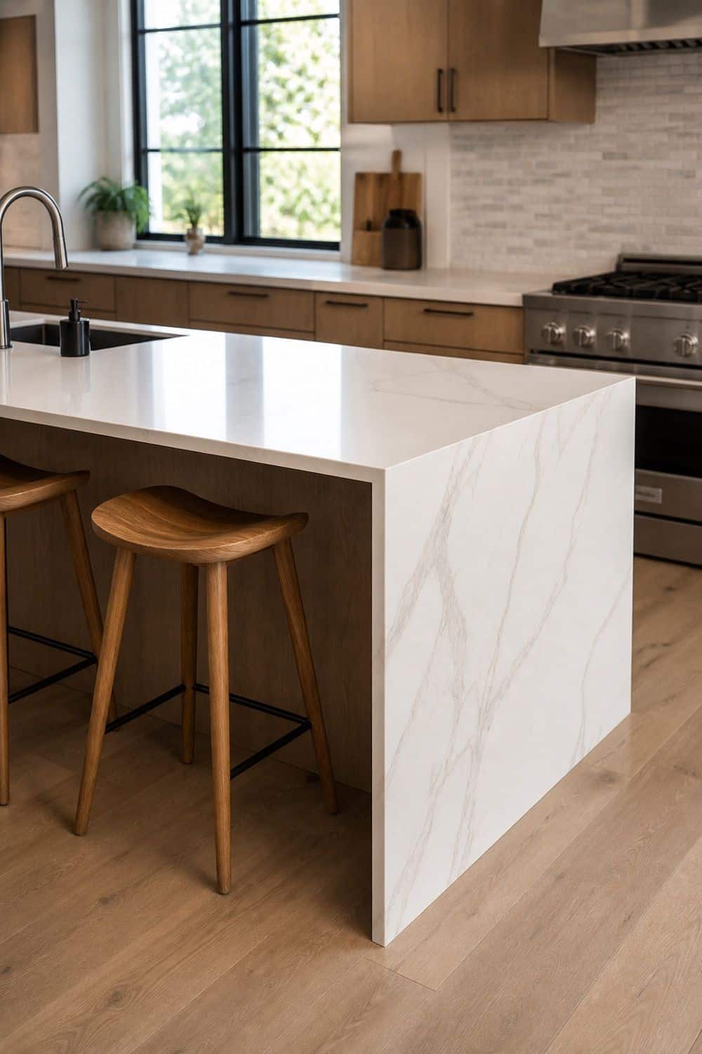 25 Contemporary Kitchen Ideas for a Clean, Polished Layout 9. Waterfall Edge on the Island