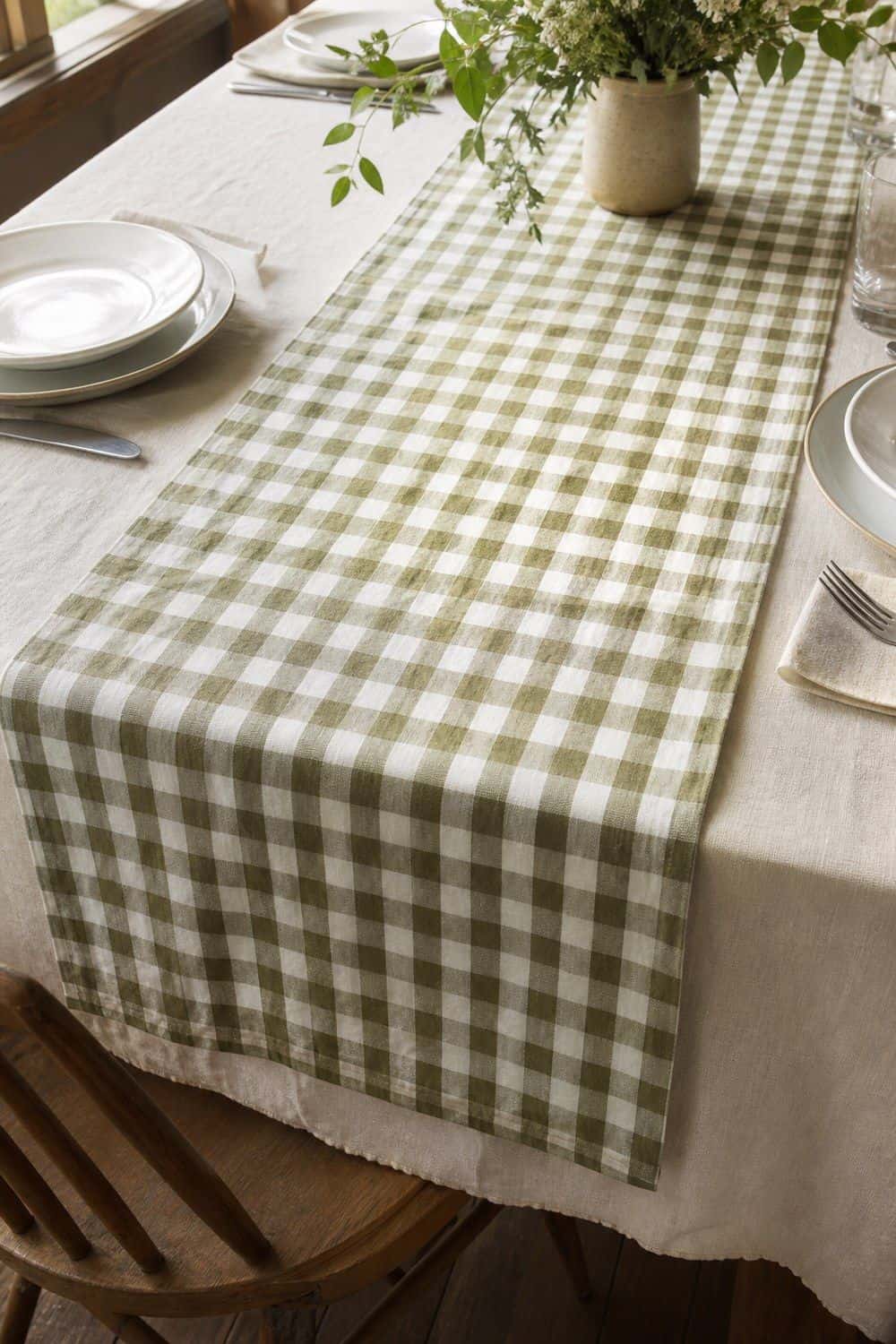 Gingham Runner Over Plain Linen