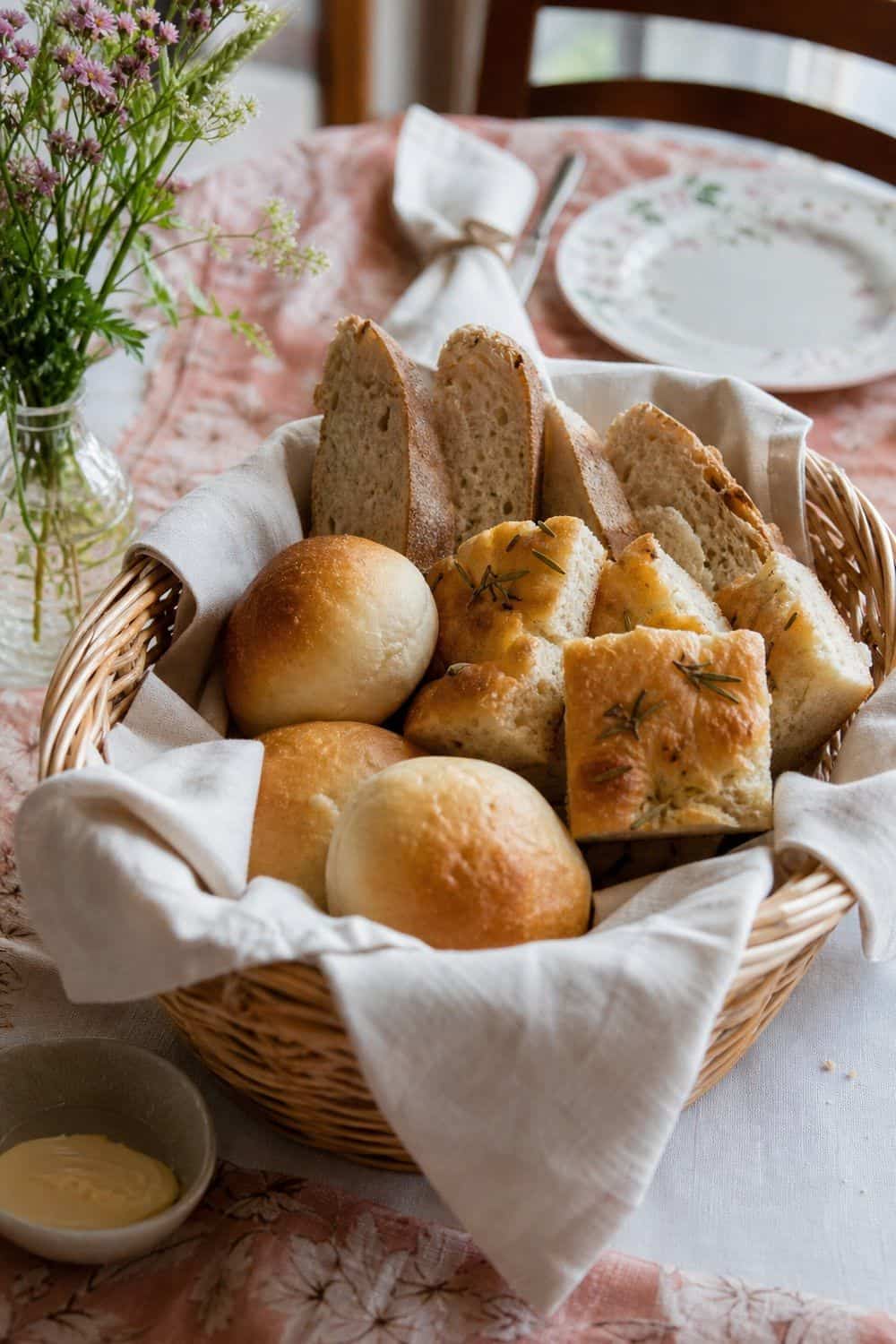 Bread in a Lined Wicker Basket