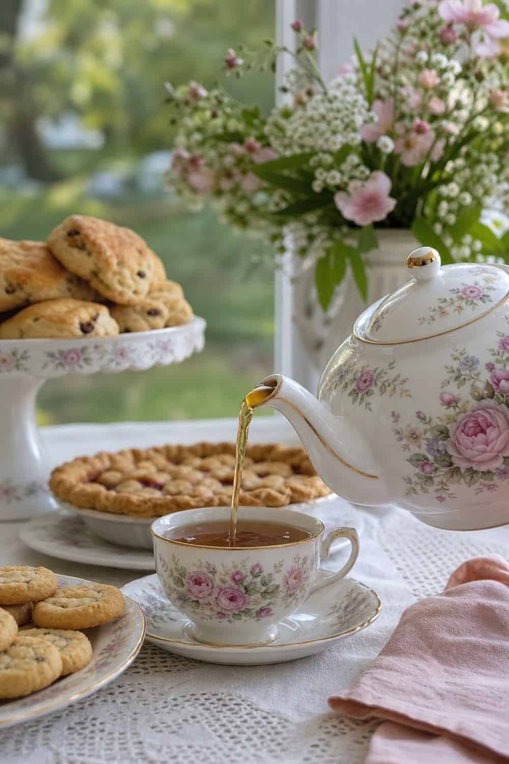 Pour Tea From a Floral Teapot After Dinner