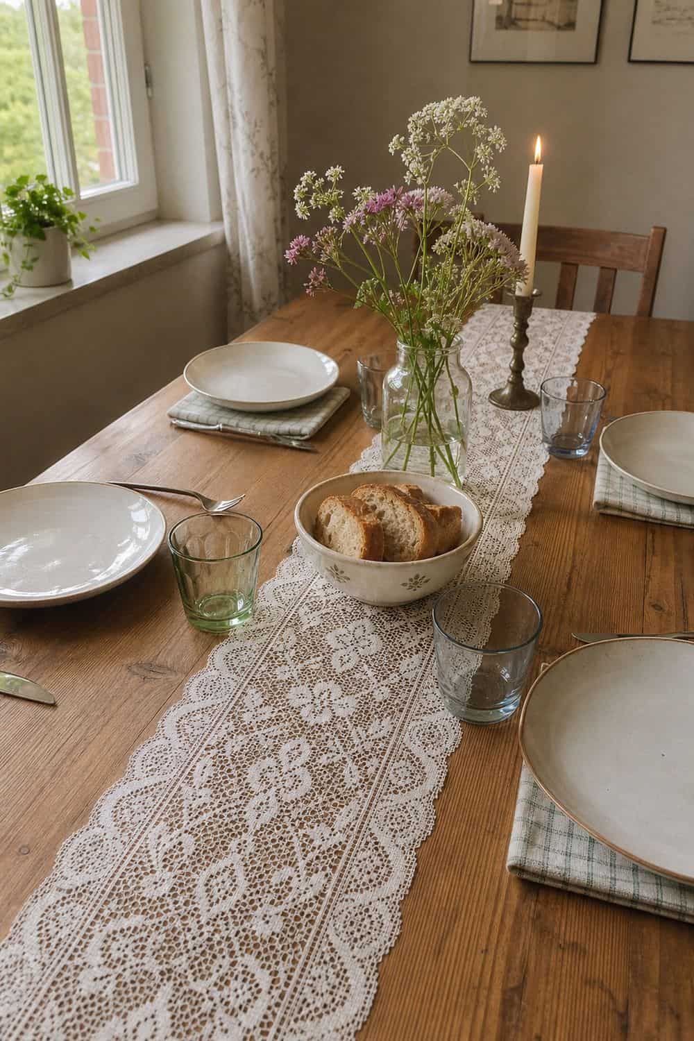 25 Cottagecore Tablescape Ideas for a Soft Floral Table 2. Lace Runner Down the Center cottagecore tablescape idea