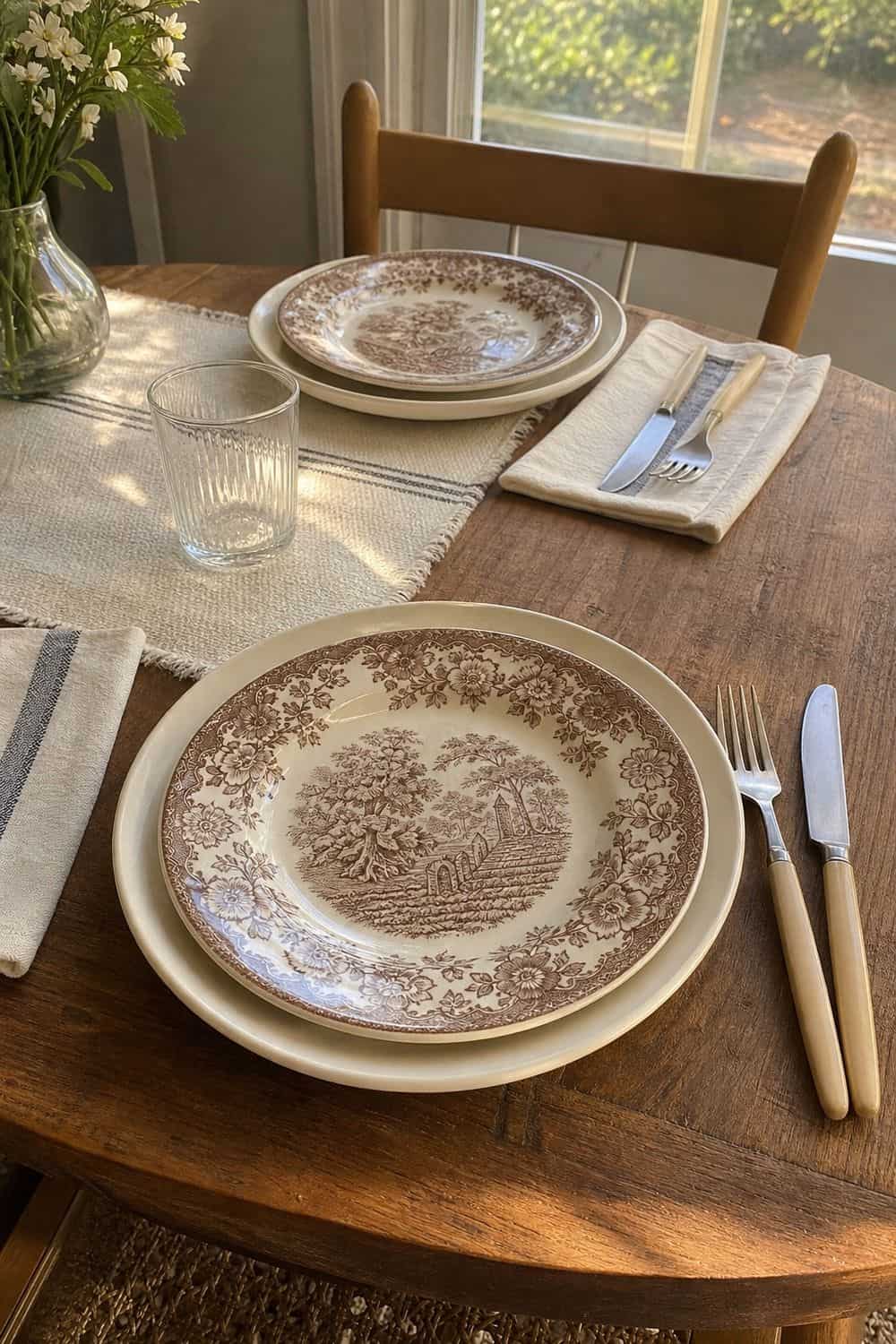 25 Cottagecore Tablescape Ideas for a Soft Floral Table 4. Transferware Salad Plates cottagecore tablescape idea