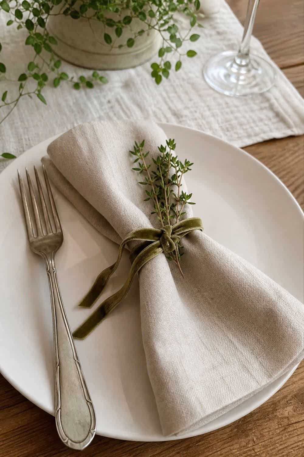 25 Cottagecore Tablescape Ideas for a Soft Floral Table 6. Napkins With Velvet Ribbon cottagecore tablescape idea