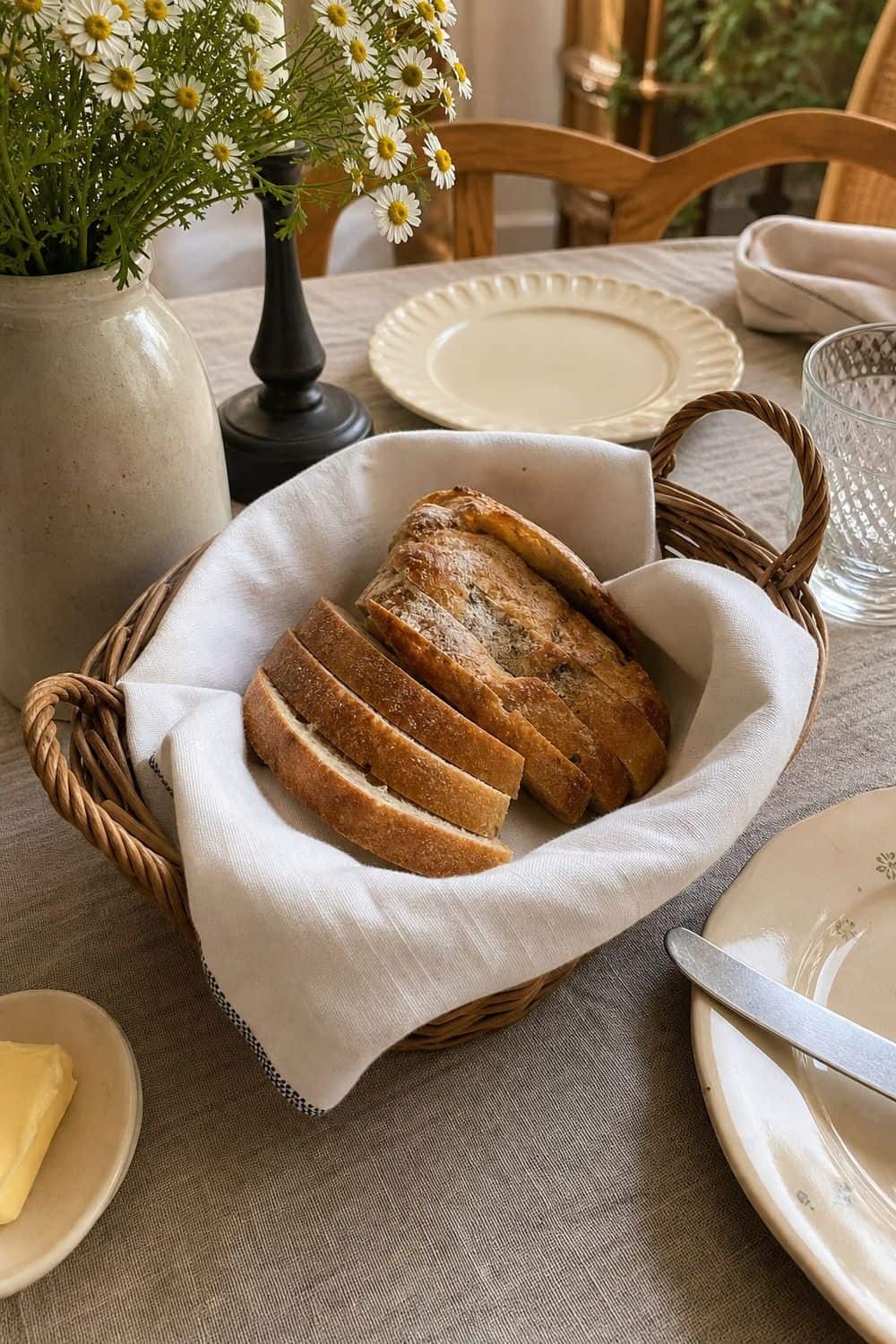 25 Cottagecore Tablescape Ideas for a Soft Floral Table 11. Wicker Bread Basket cottagecore tablescape idea
