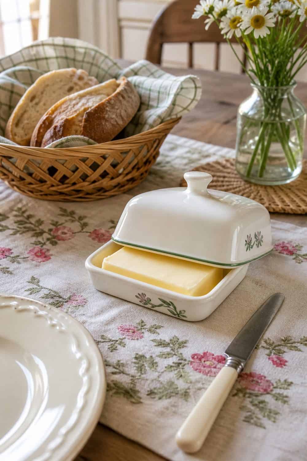 25 Cottagecore Tablescape Ideas for a Soft Floral Table 12. Butter in a Covered Dish cottagecore tablescape idea
