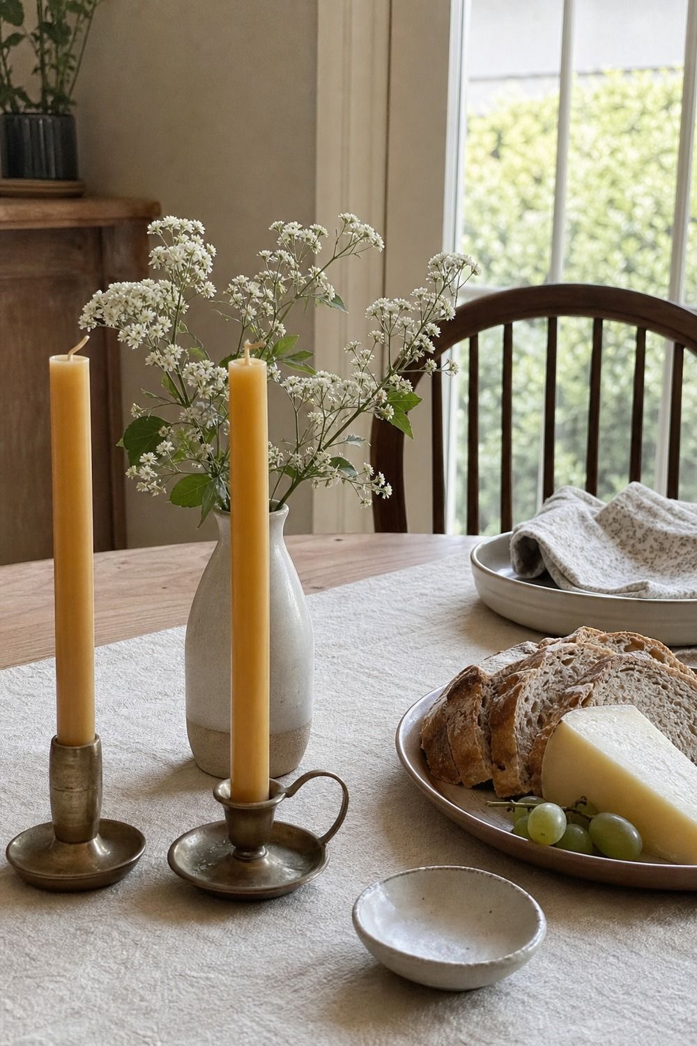 25 Cottagecore Tablescape Ideas for a Soft Floral Table 16. Beeswax Candles for Warmth cottagecore tablescape idea
