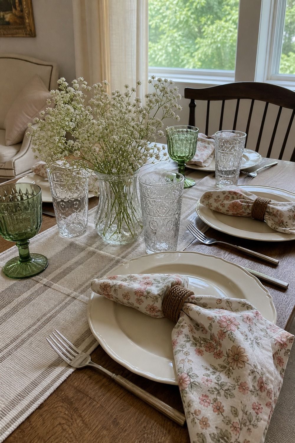 25 Cottagecore Tablescape Ideas for a Soft Floral Table 17. Sage Green Glassware cottagecore tablescape idea