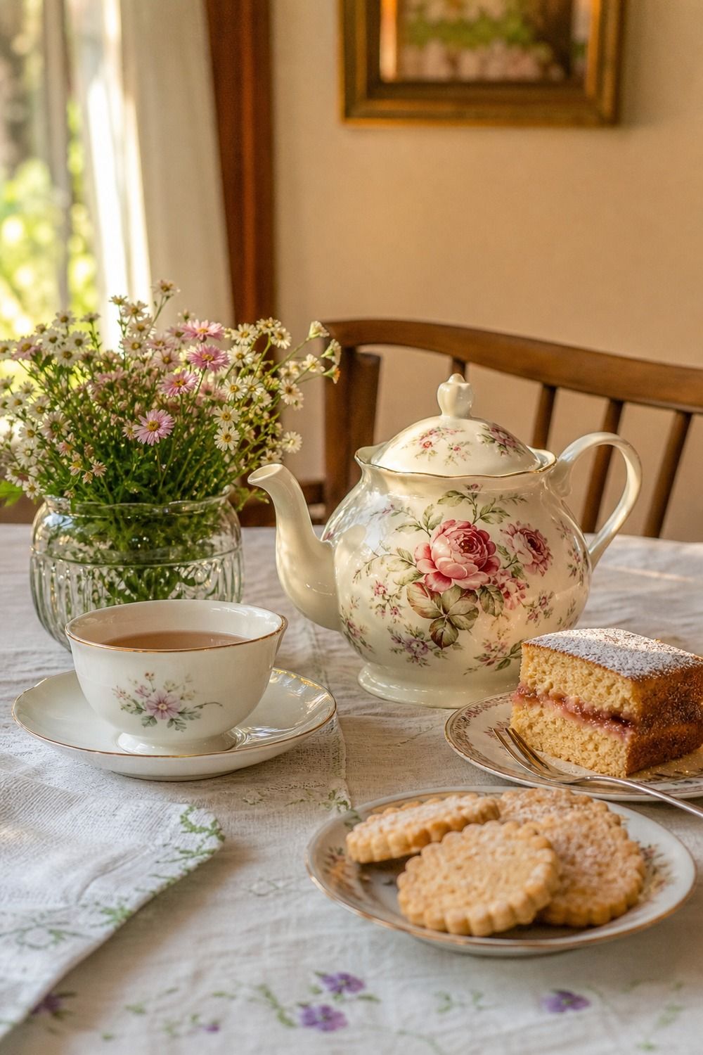 25 Cottagecore Tablescape Ideas for a Soft Floral Table 18. Floral Teapot cottagecore tablescape idea