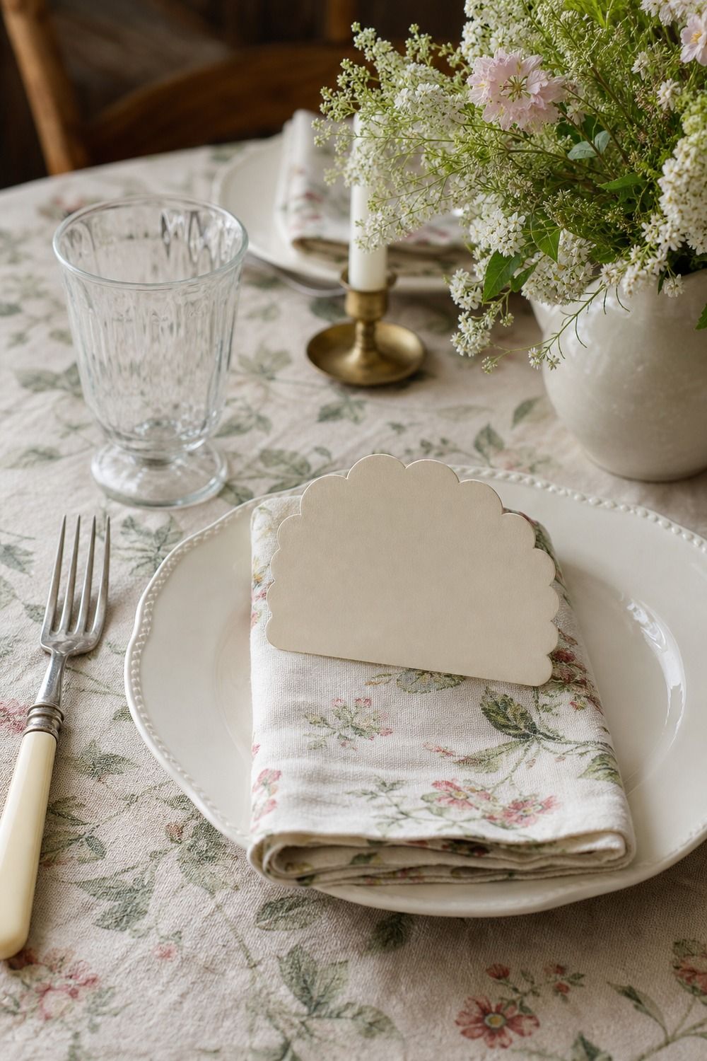25 Cottagecore Tablescape Ideas for a Soft Floral Table 19. Scalloped Name Cards at Each Plate cottagecore tablescape idea