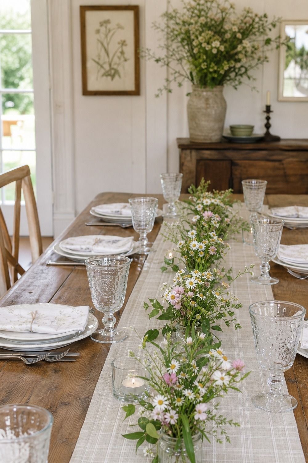 25 Cottagecore Tablescape Ideas for a Soft Floral Table 23. Flower Line Below Eye Level cottagecore tablescape idea