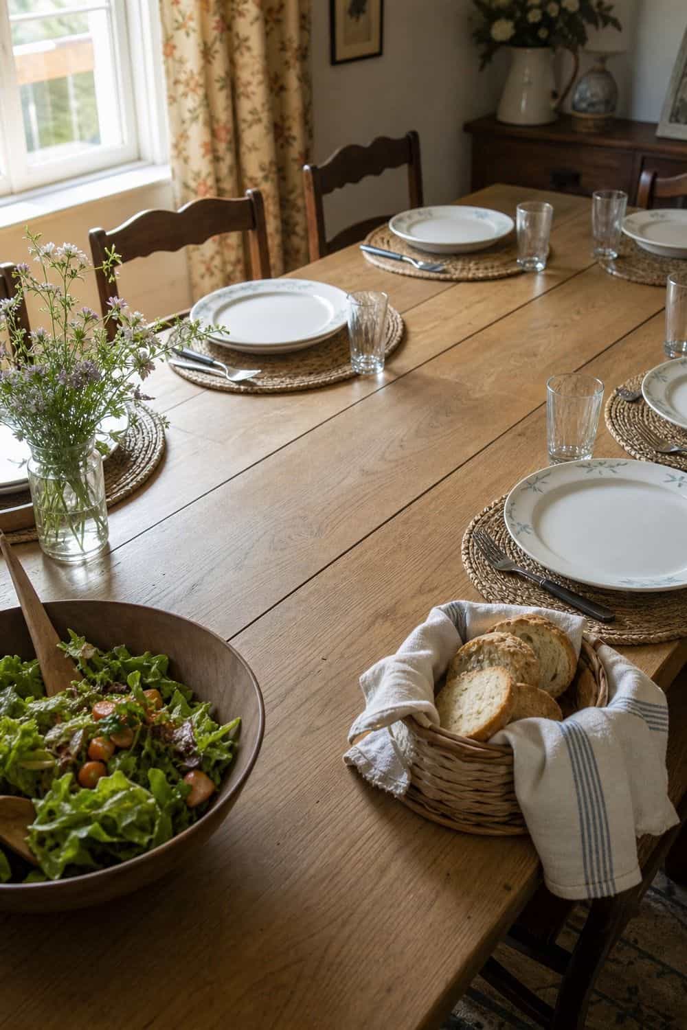 25 Cottagecore Tablescape Ideas for a Soft Floral Table 24. Space for Serving Platters cottagecore tablescape idea