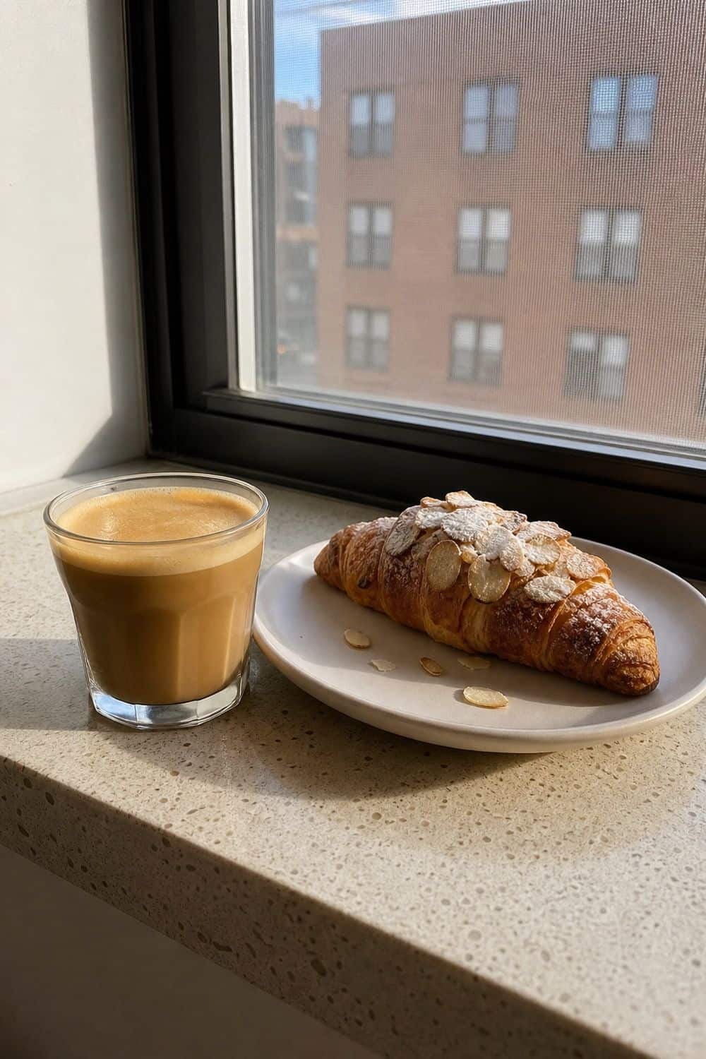 20 Cozy Coffee and Breakfast Ideas for Slow Mornings cozy coffee and breakfast ideas 17 cortado almond croissant plate