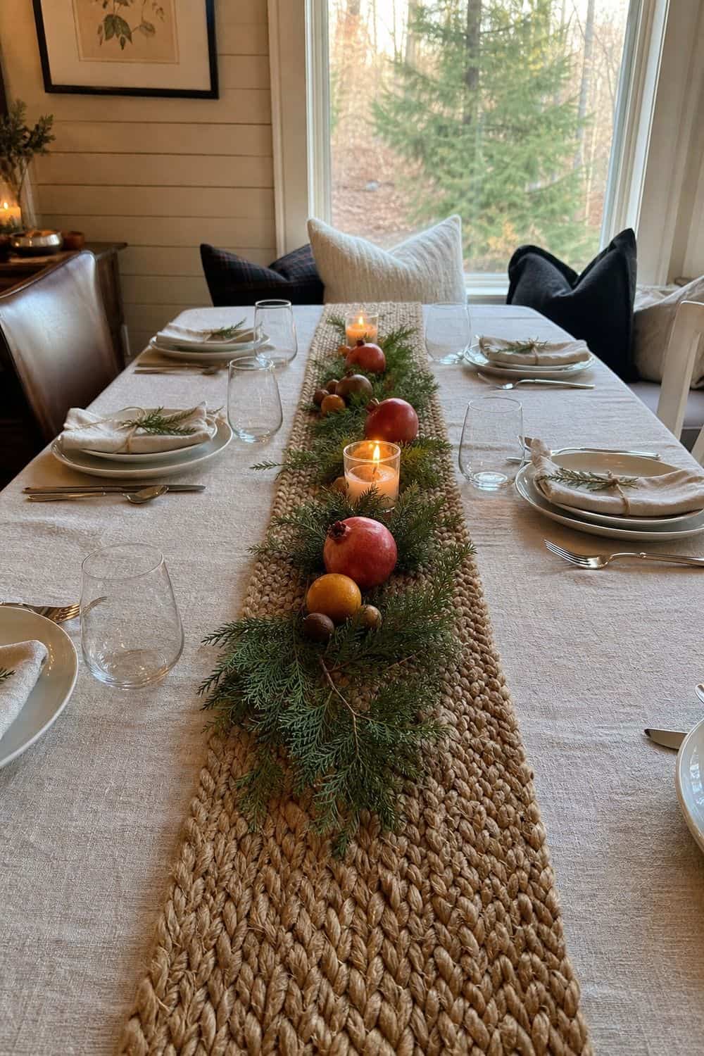 25 Cozy Holiday Tablescape Ideas for Easy Hosting Cozy holiday tablescape idea showing use a runner to control the decor zone.
