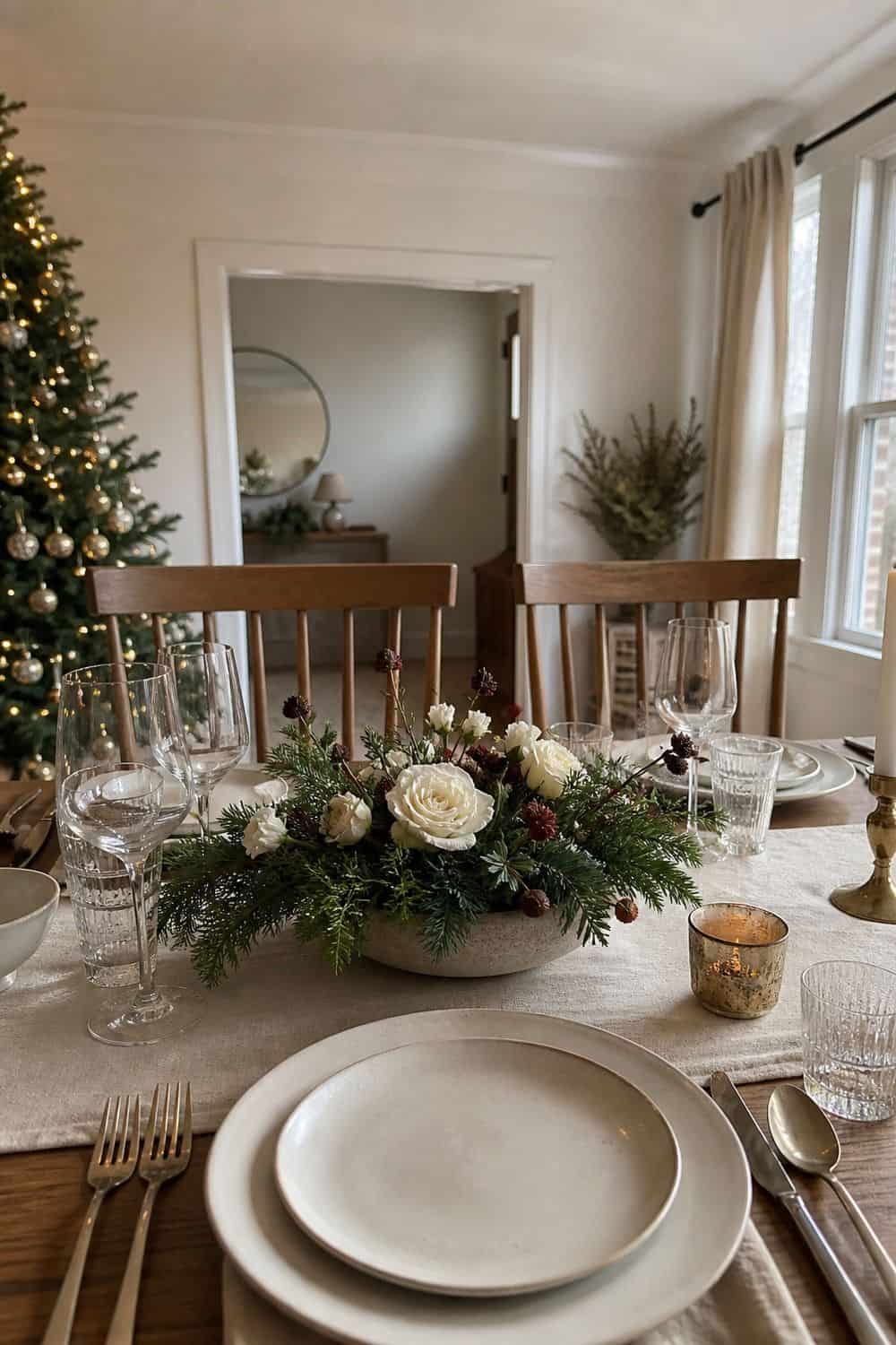 25 Cozy Holiday Tablescape Ideas for Easy Hosting Cozy holiday tablescape idea showing keep centerpieces below conversation height.