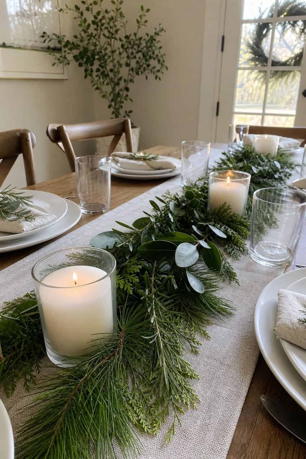 25 Cozy Holiday Tablescape Ideas for Easy Hosting Cozy holiday tablescape idea showing run real greenery down the middle.