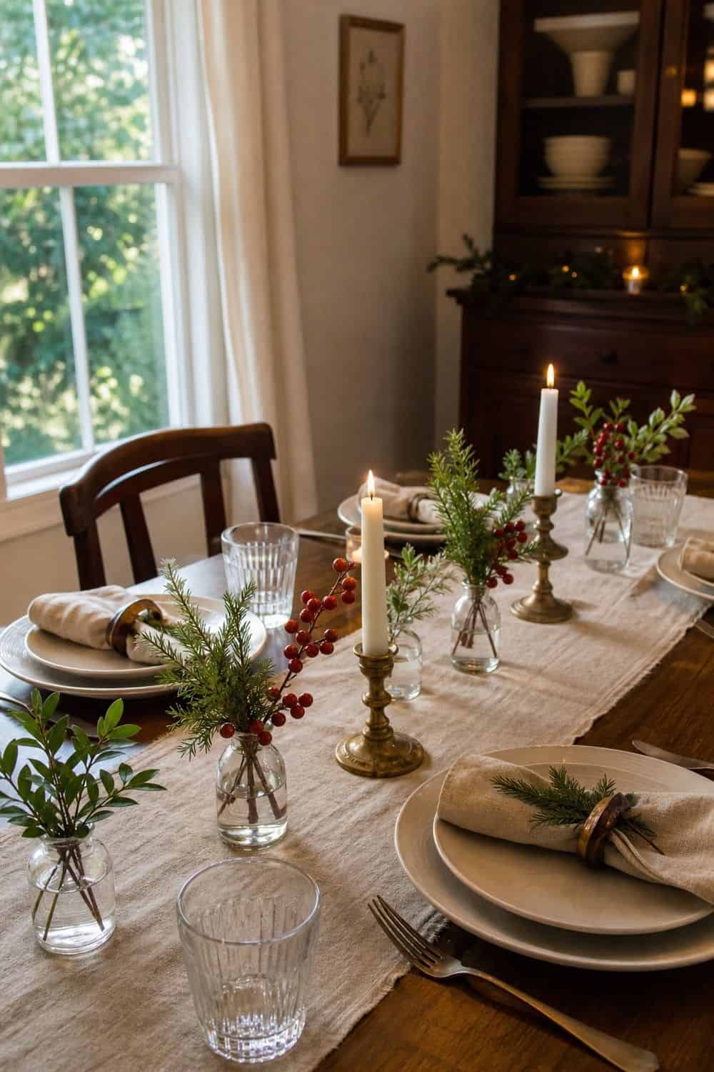 25 Cozy Holiday Tablescape Ideas for Easy Hosting Cozy holiday tablescape idea showing use bud vases instead of tall arrangements.
