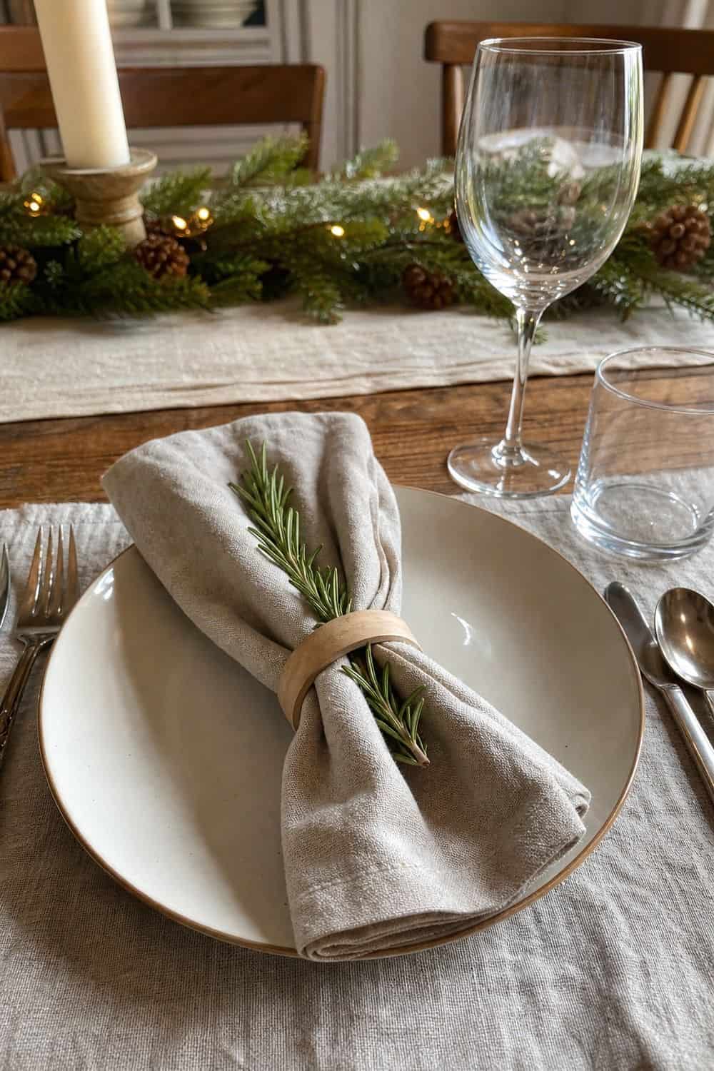 25 Cozy Holiday Tablescape Ideas for Easy Hosting Cozy holiday tablescape idea showing fold napkins simply with rosemary.