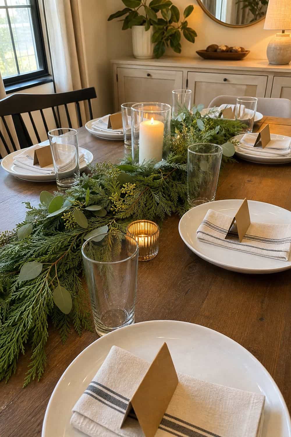 25 Cozy Holiday Tablescape Ideas for Easy Hosting Cozy holiday tablescape idea showing use place cards for mixed seating.