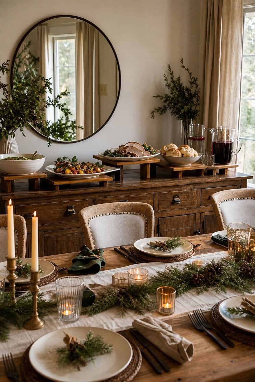 25 Cozy Holiday Tablescape Ideas for Easy Hosting Cozy holiday tablescape idea showing put serving platters on a sideboard.