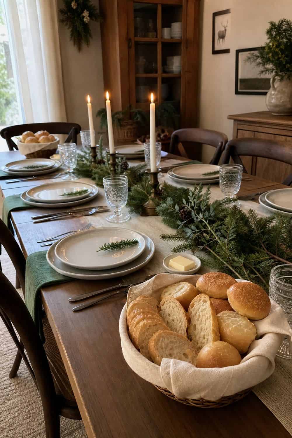 25 Cozy Holiday Tablescape Ideas for Easy Hosting Cozy holiday tablescape idea showing add a bread basket at each end.