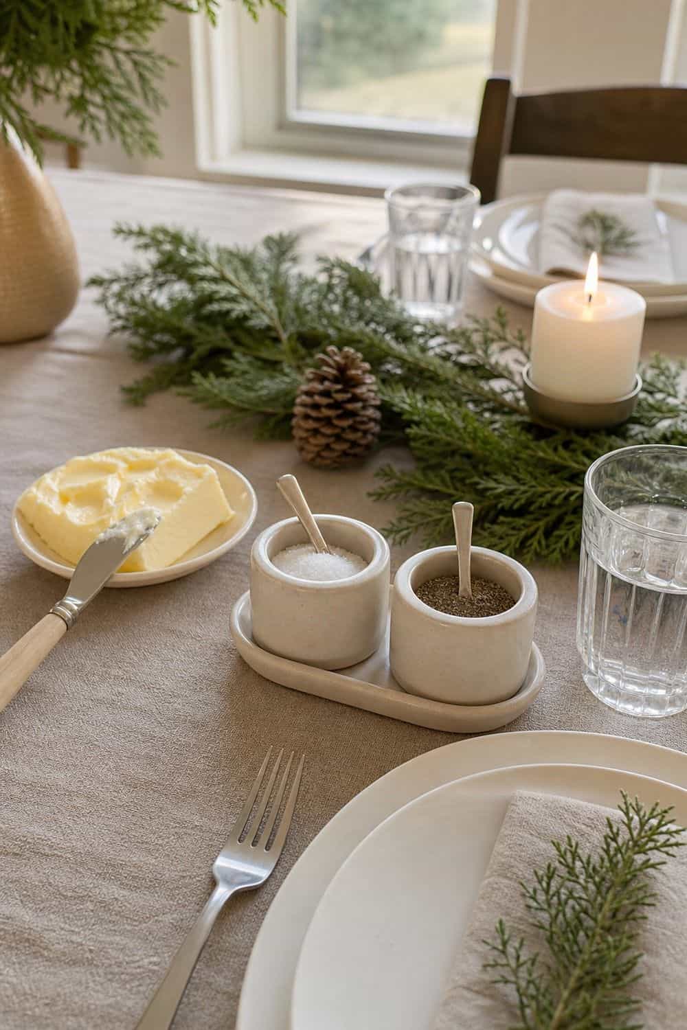 25 Cozy Holiday Tablescape Ideas for Easy Hosting Cozy holiday tablescape idea showing keep salt, pepper, and butter visible.