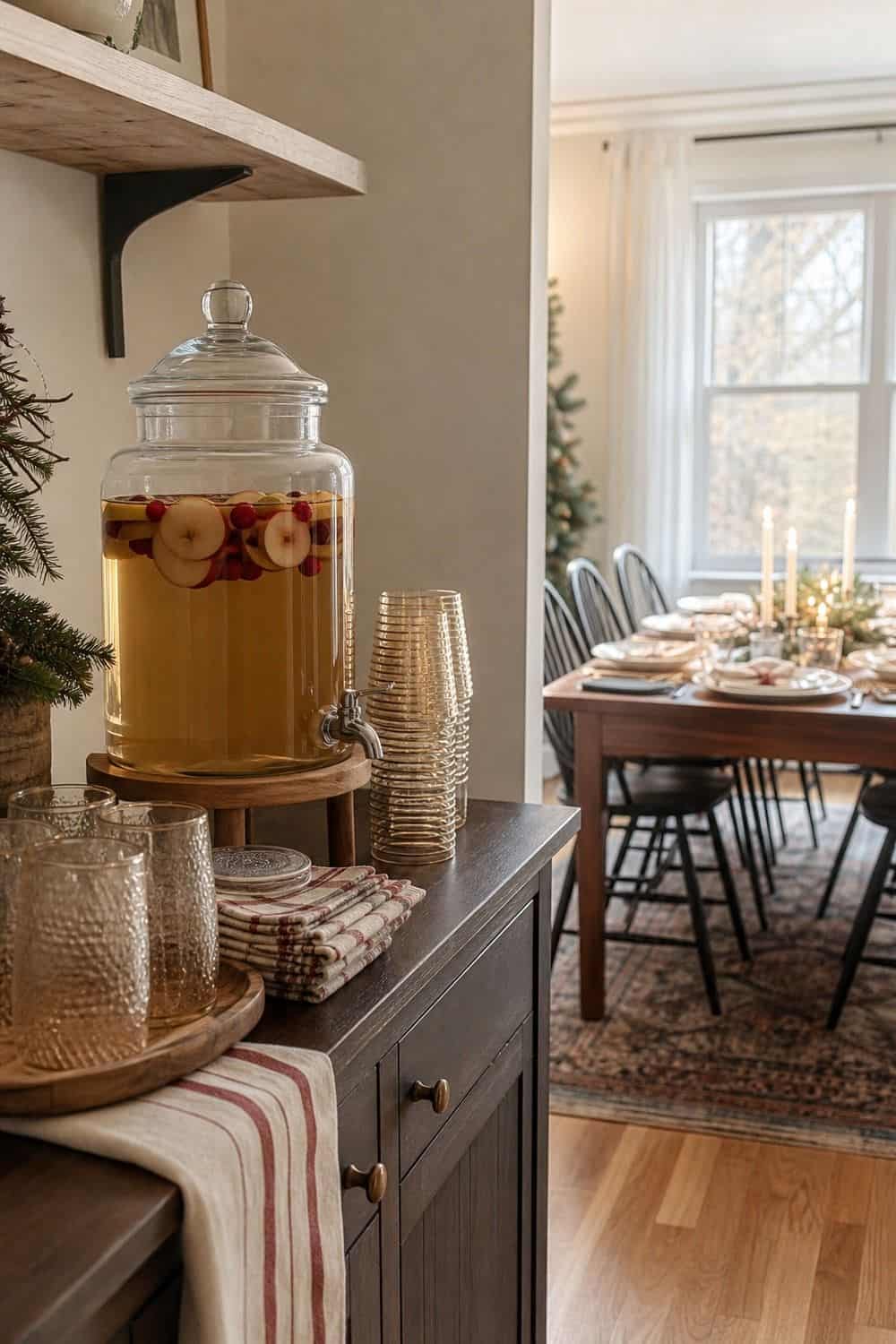 25 Cozy Holiday Tablescape Ideas for Easy Hosting Cozy holiday tablescape idea showing use a drink station to save table space.